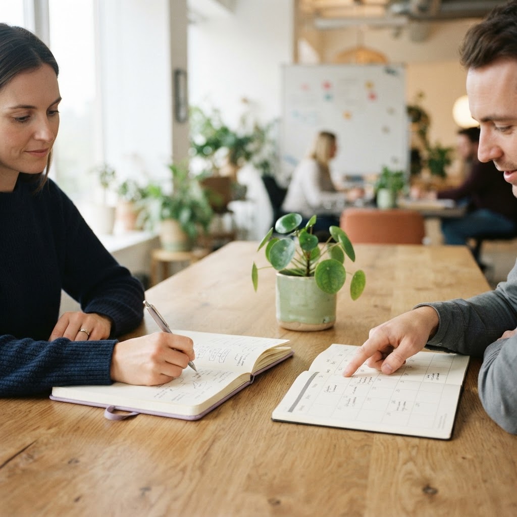 Colleagues collaborating on project planning at a desk