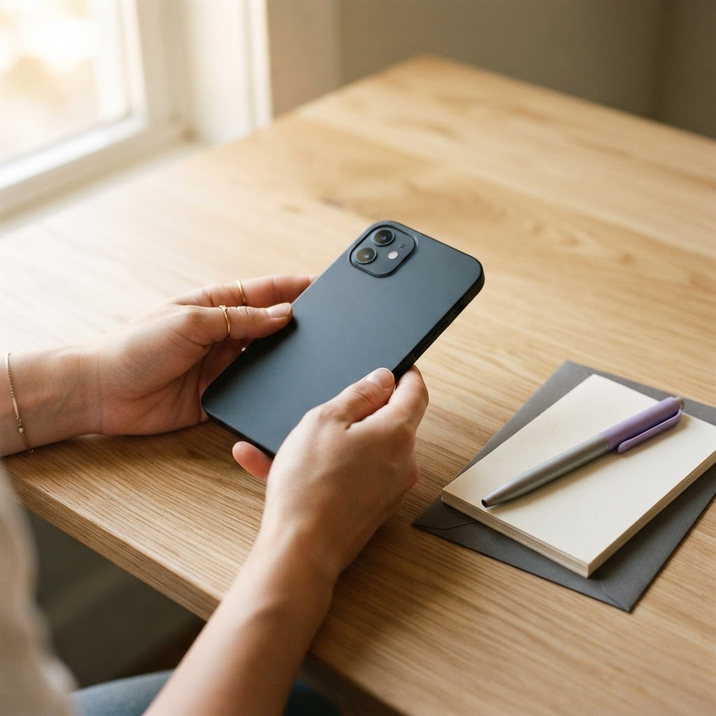Mobile device and stationery on an office desk