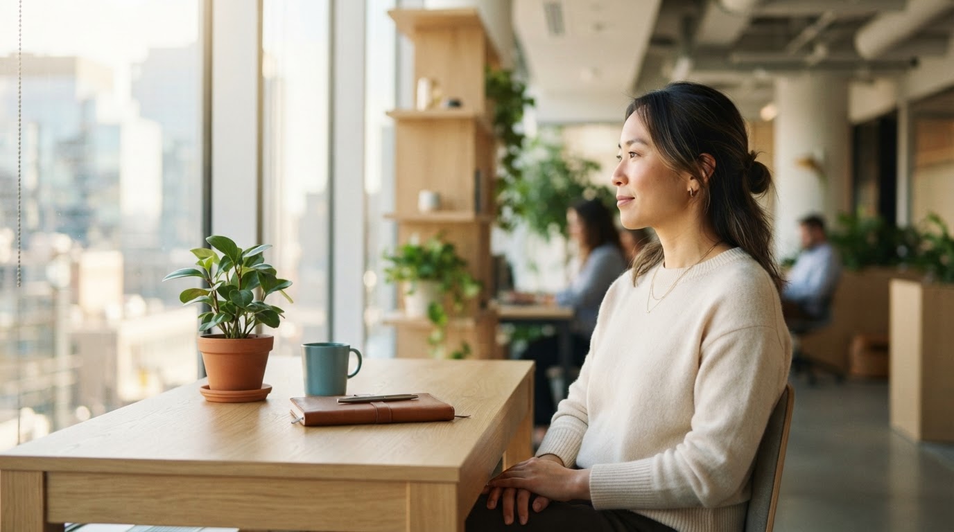 A professional woman at a bright office desk