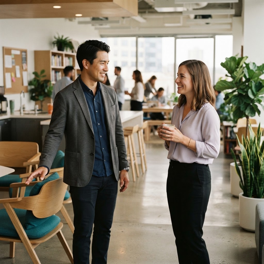 Two colleagues talking in a modern office