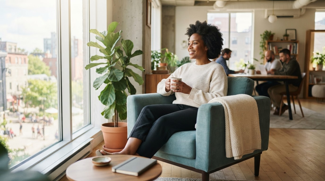 A professional sitting in a bright modern office armchair