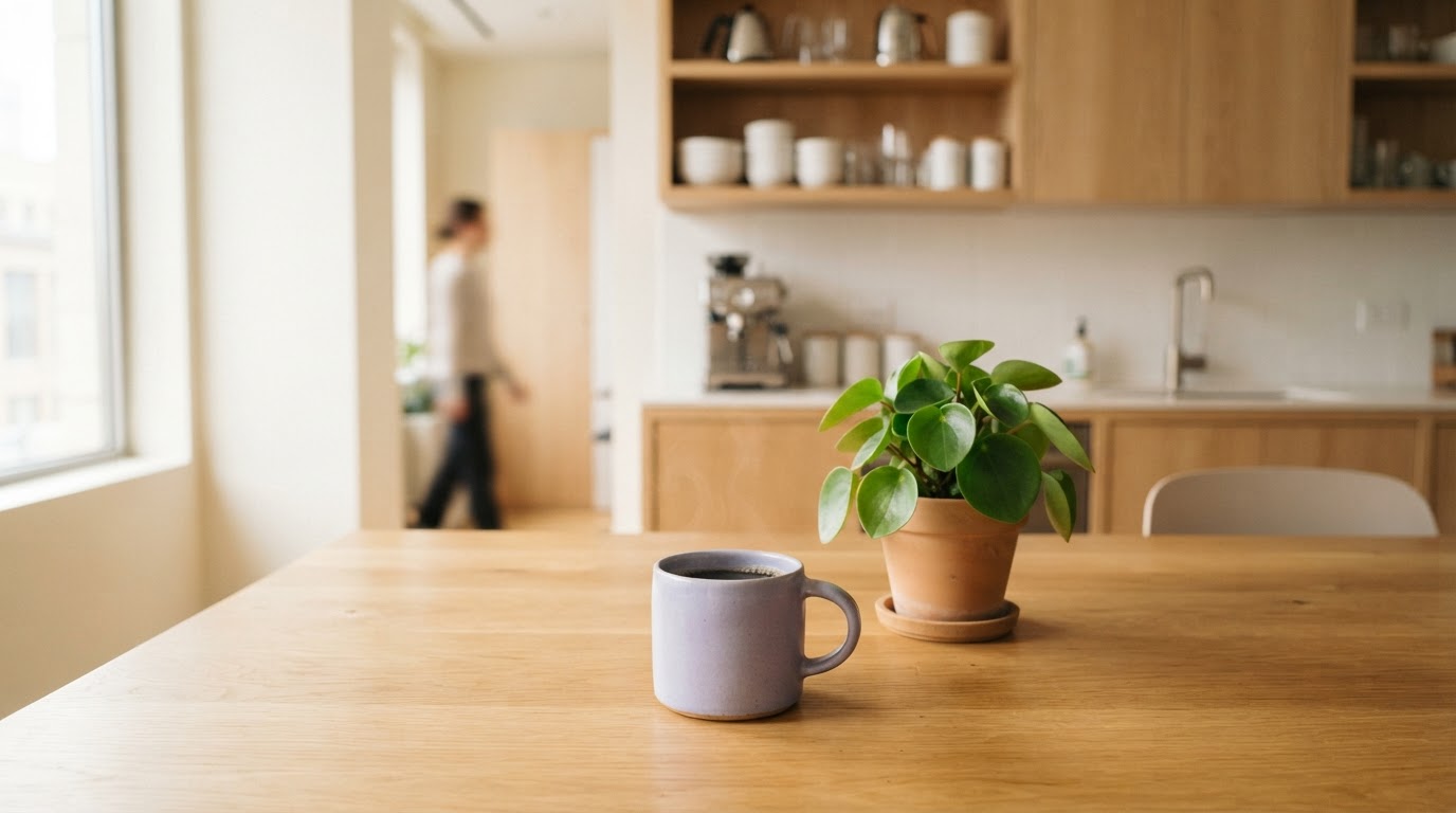 A quiet office break area with a mug and plant