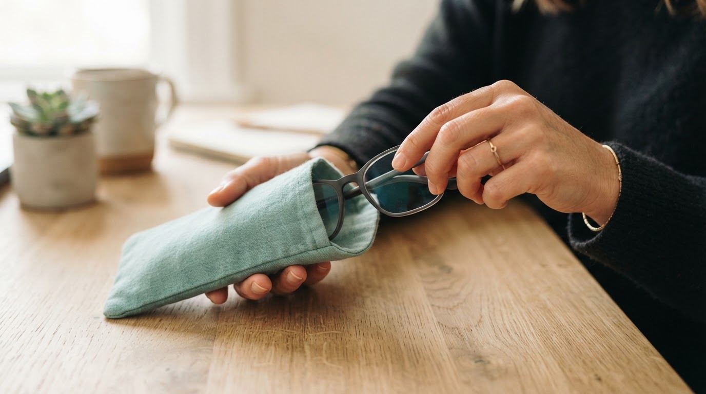 Hands placing glasses into a case on a desk