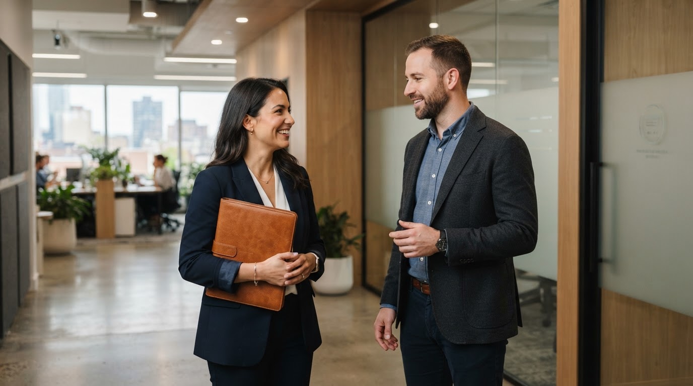 Two colleagues talking in a modern office hallway