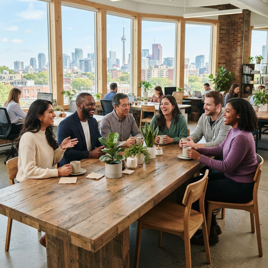 Diverse colleagues collaborating in a bright modern office