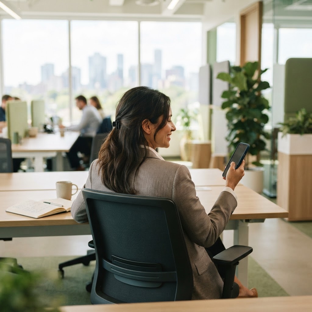Professional smiling in office with phone in hand