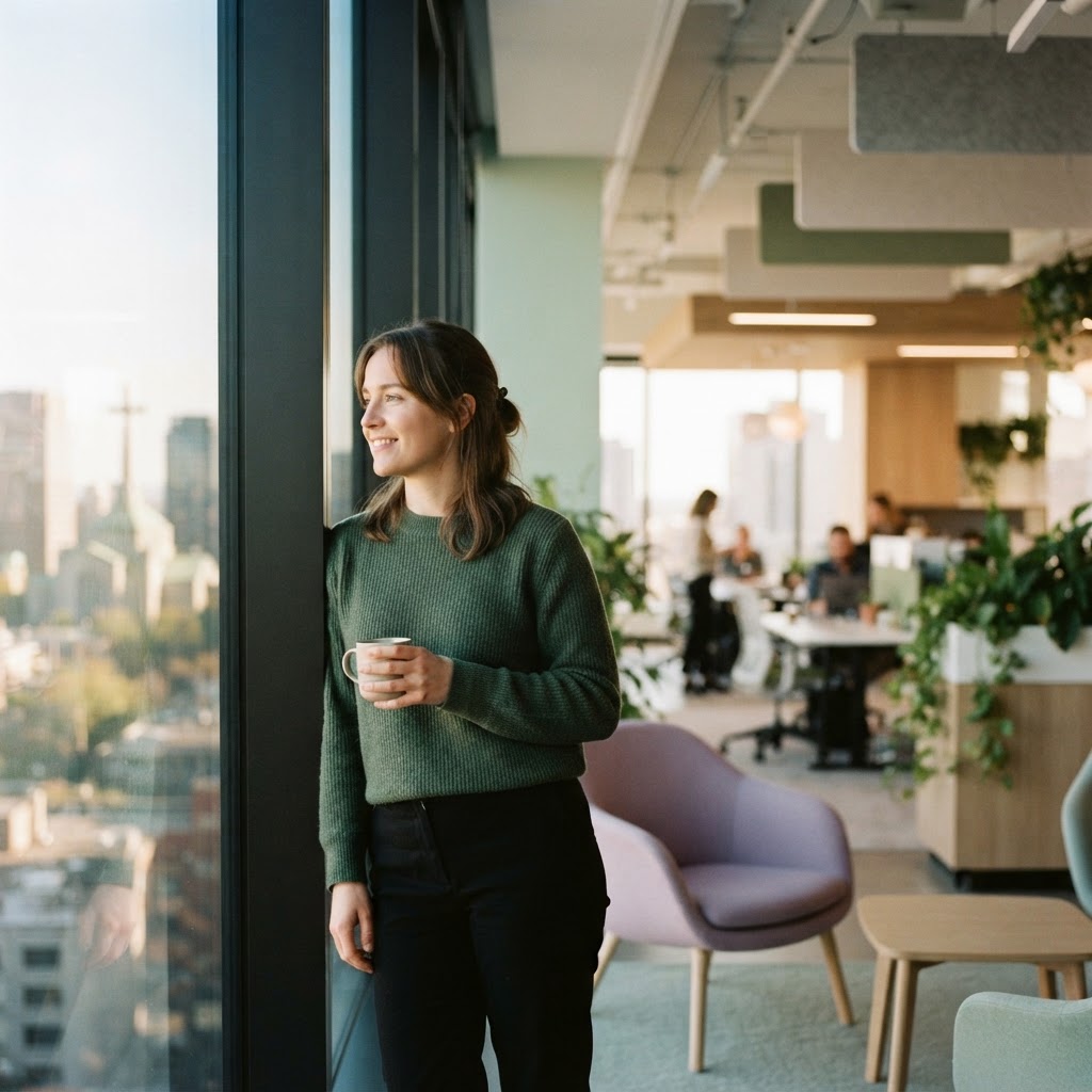 Employee looking out of a bright modern office window