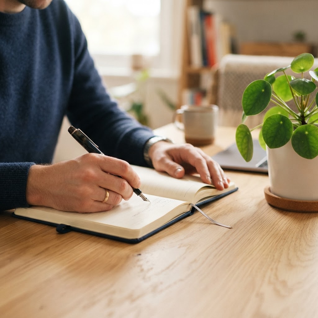 HR manager writing in a planner at a clean desk