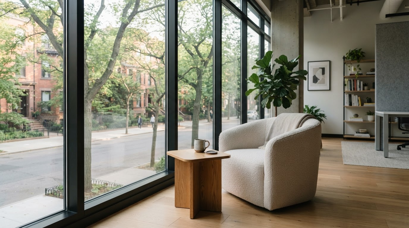 A quiet, sunlit corner of a modern office