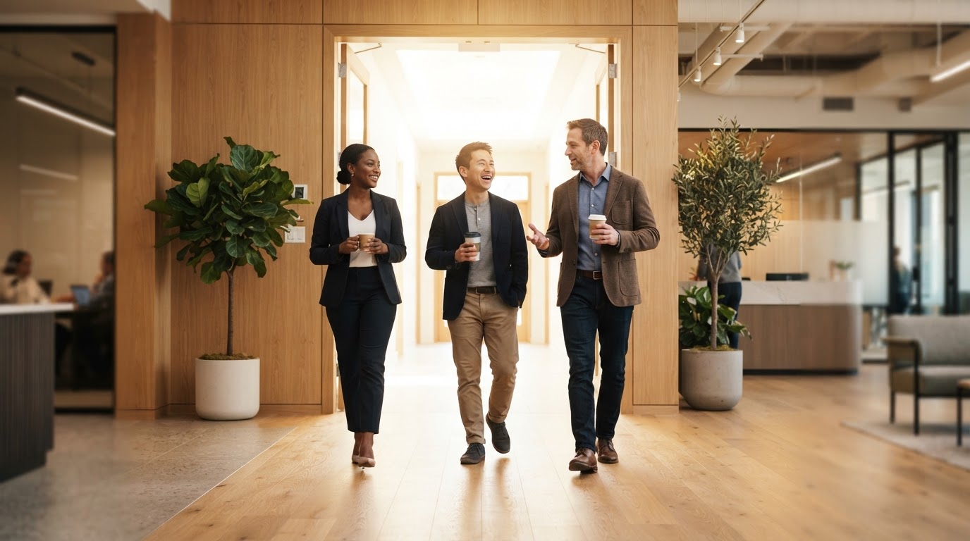 A team of colleagues walking together in a bright modern office