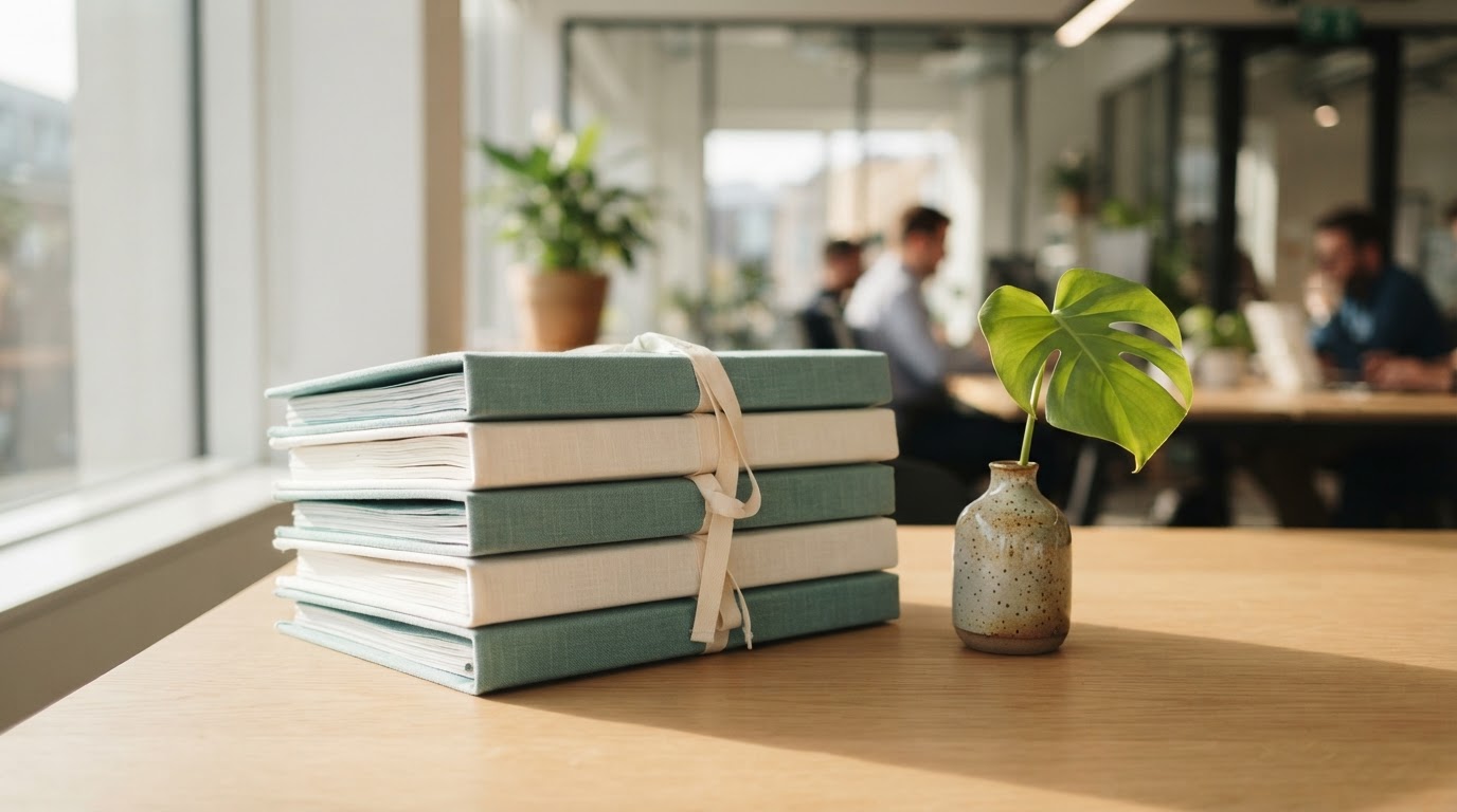 Organized folders on a wooden desk with a plant