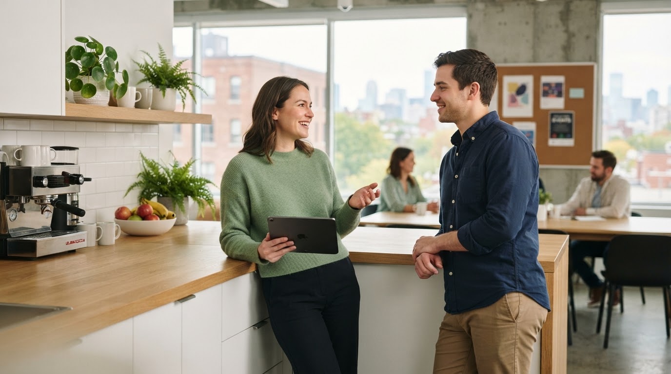 Two colleagues chatting in a bright office break room