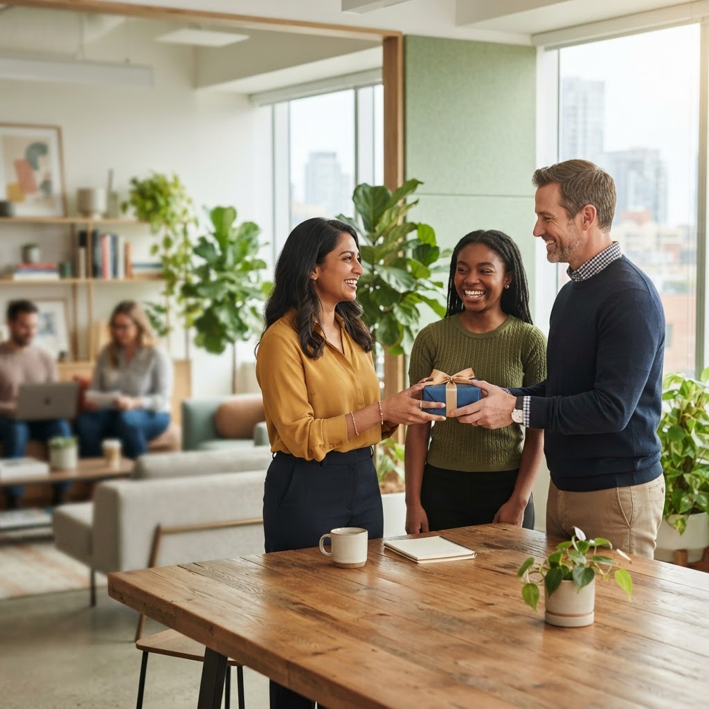 Colleagues celebrating professional achievements in a modern office