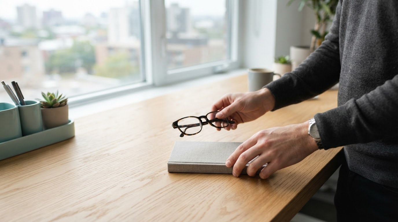 Hands placing glasses and notebook on an office desk