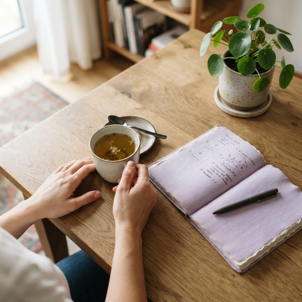 A quiet home workspace with a notebook and tea