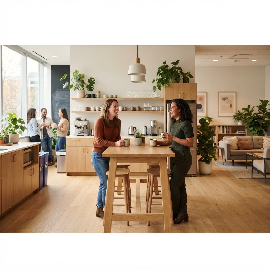 Colleagues talking in a modern office breakroom