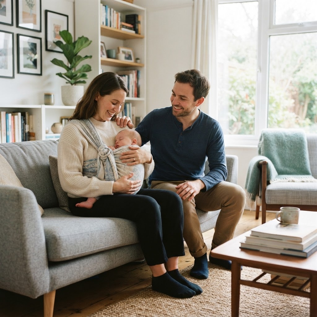 Happy parents at home with a newborn baby