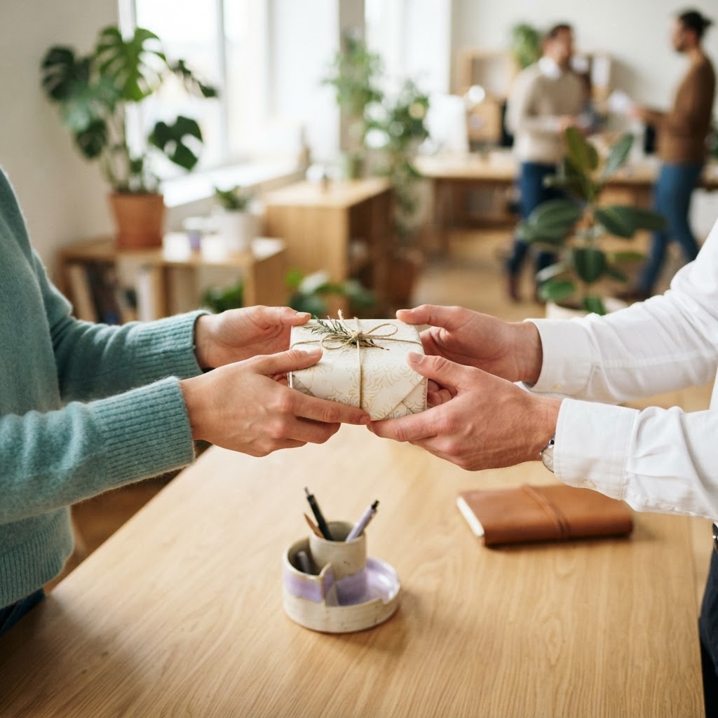Two employees sharing a recognition gift in a bright office
