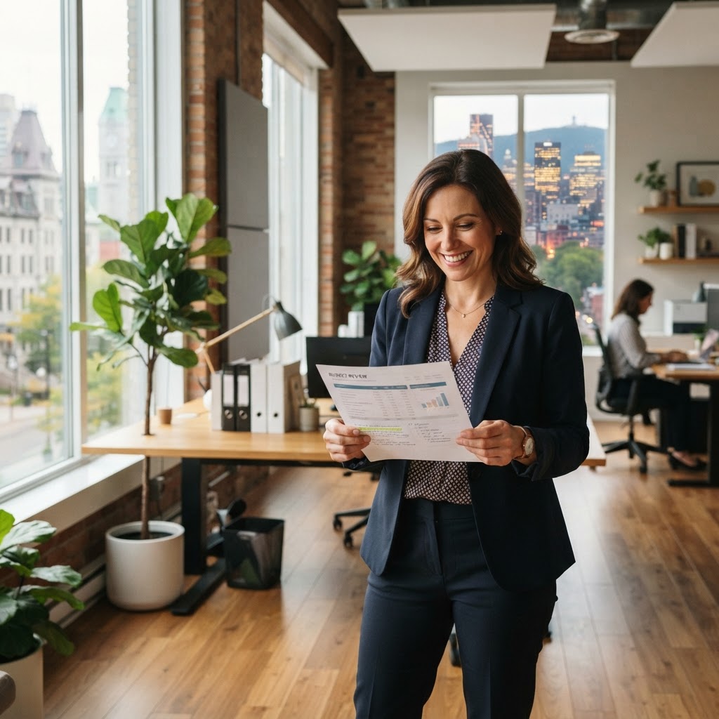 Business owner reviewing clear financial documentation in a bright office