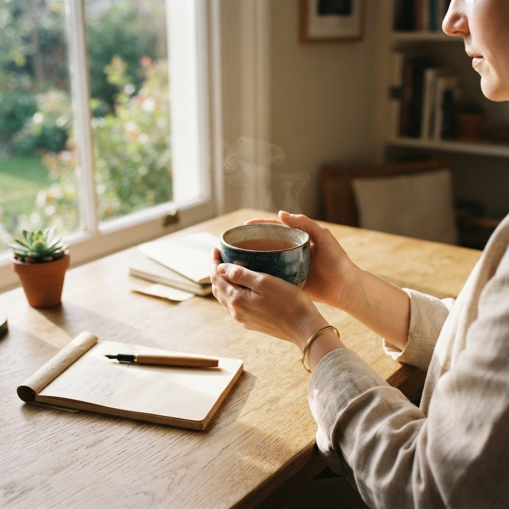 Person working calmly in a sunlit home office