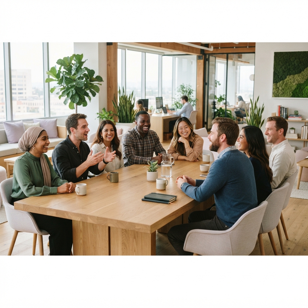 Diverse team collaborating in a modern office