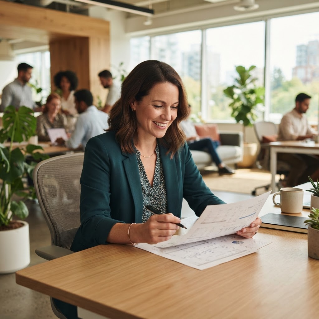 Professional business owner reviewing documents in a bright office