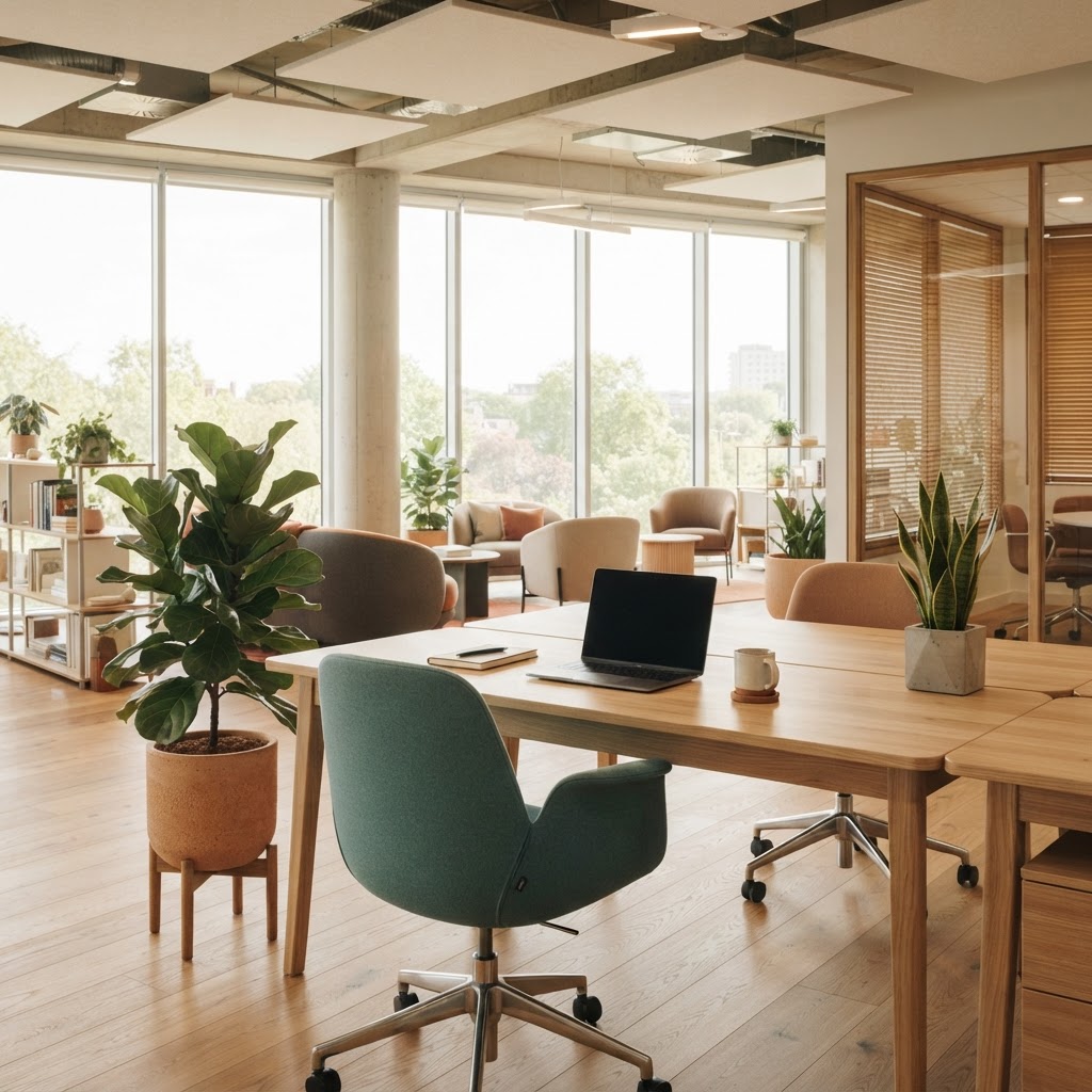 Bright modern office interior with greenery and wood accents