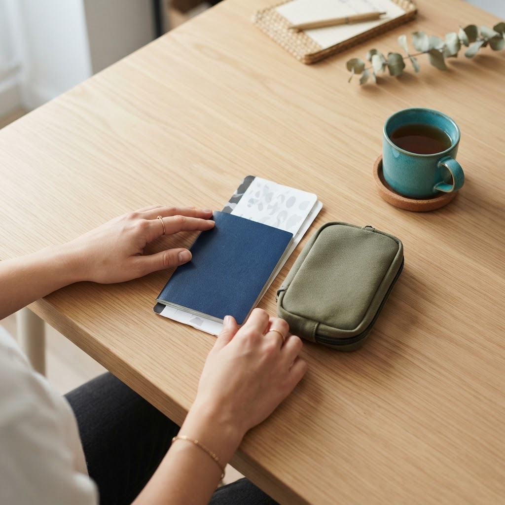 Hands organizing travel documents and medical kit on desk