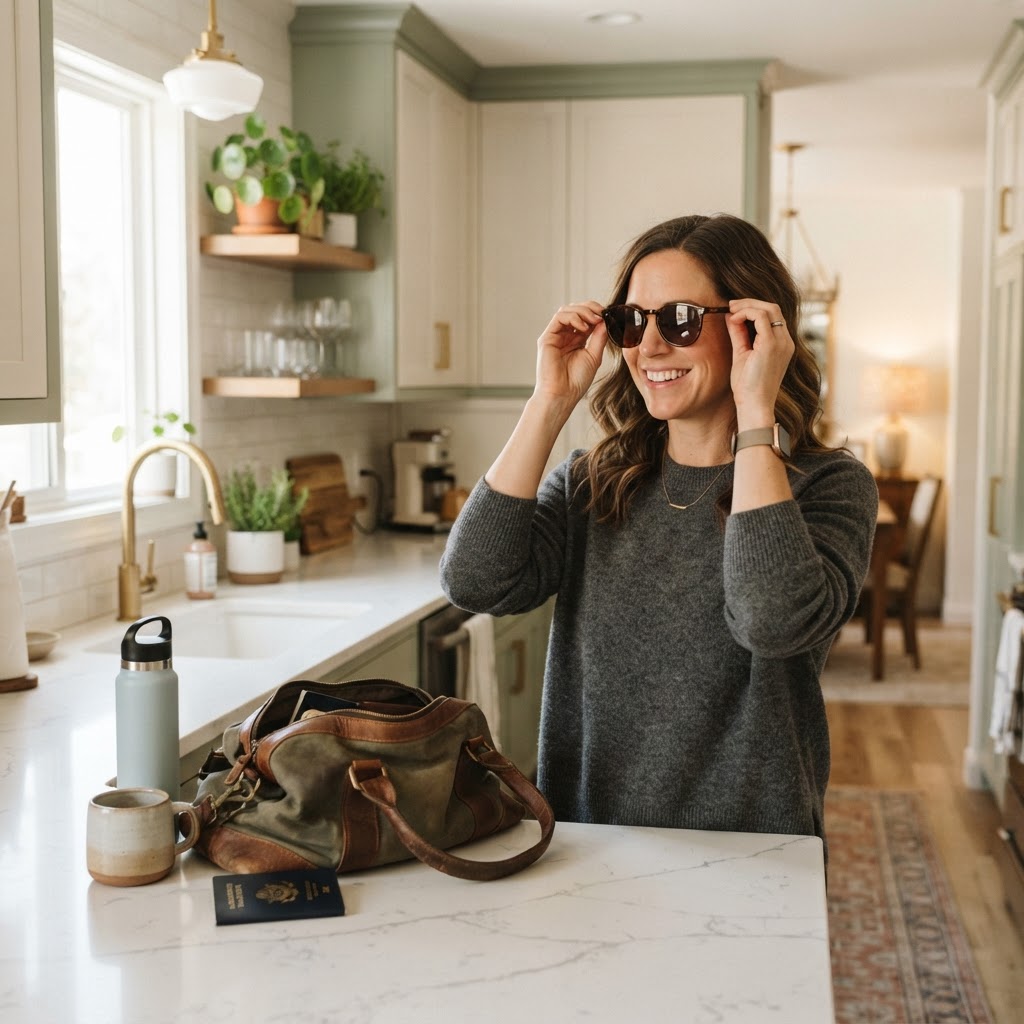 Person preparing for travel in a sunlit modern kitchen