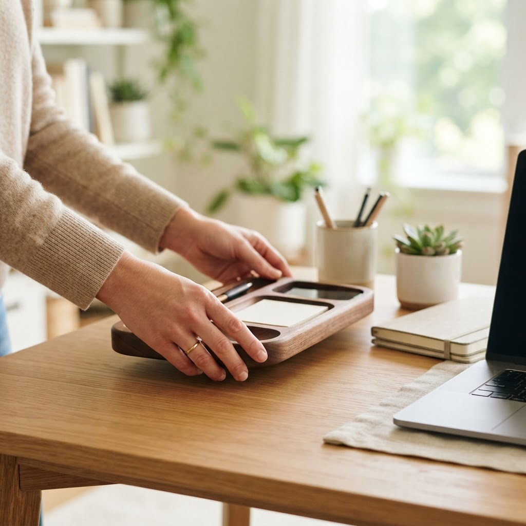 Hands arranging ergonomic home office equipment
