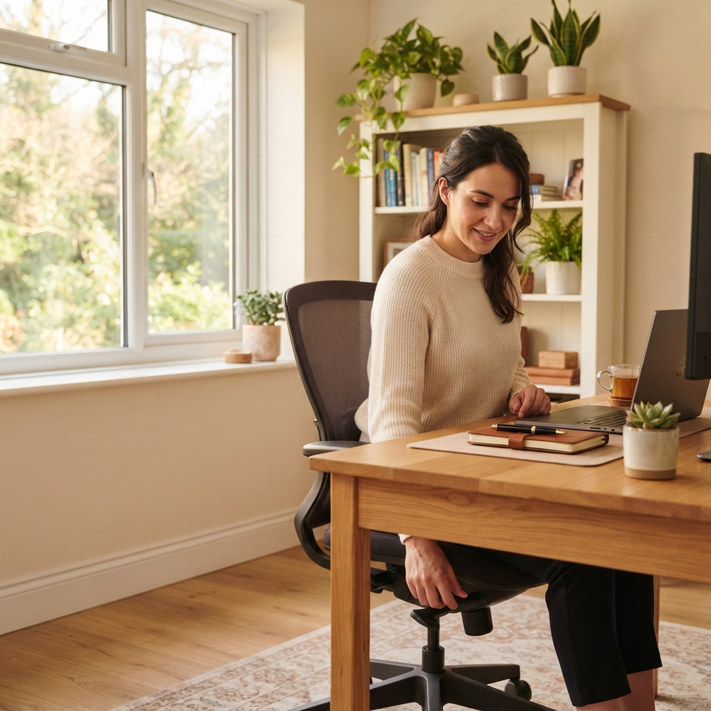 Employee adjusting ergonomic chair in home office