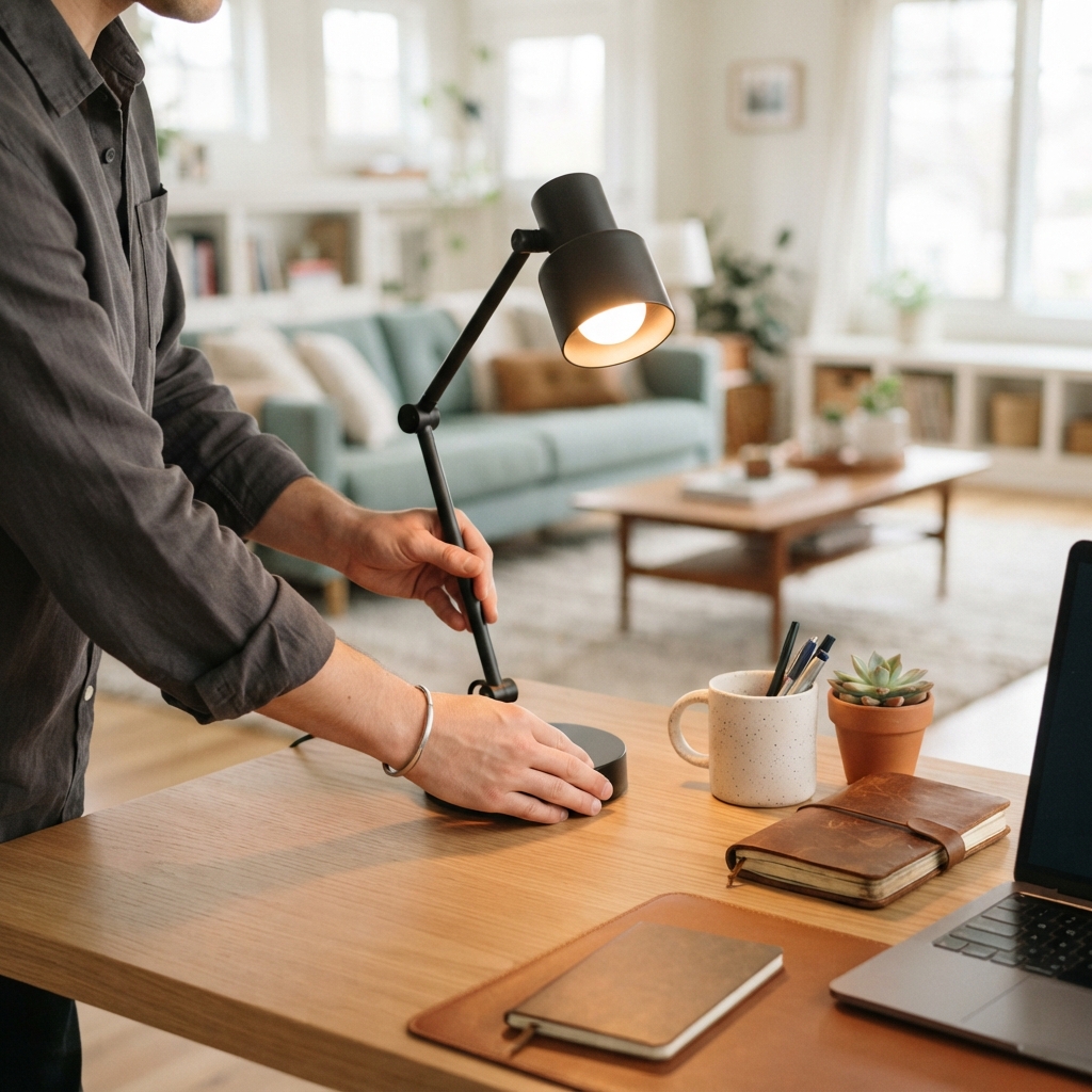 Person setting up a lamp on a desk