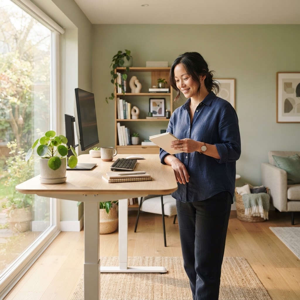Professional standing by a desk in home office