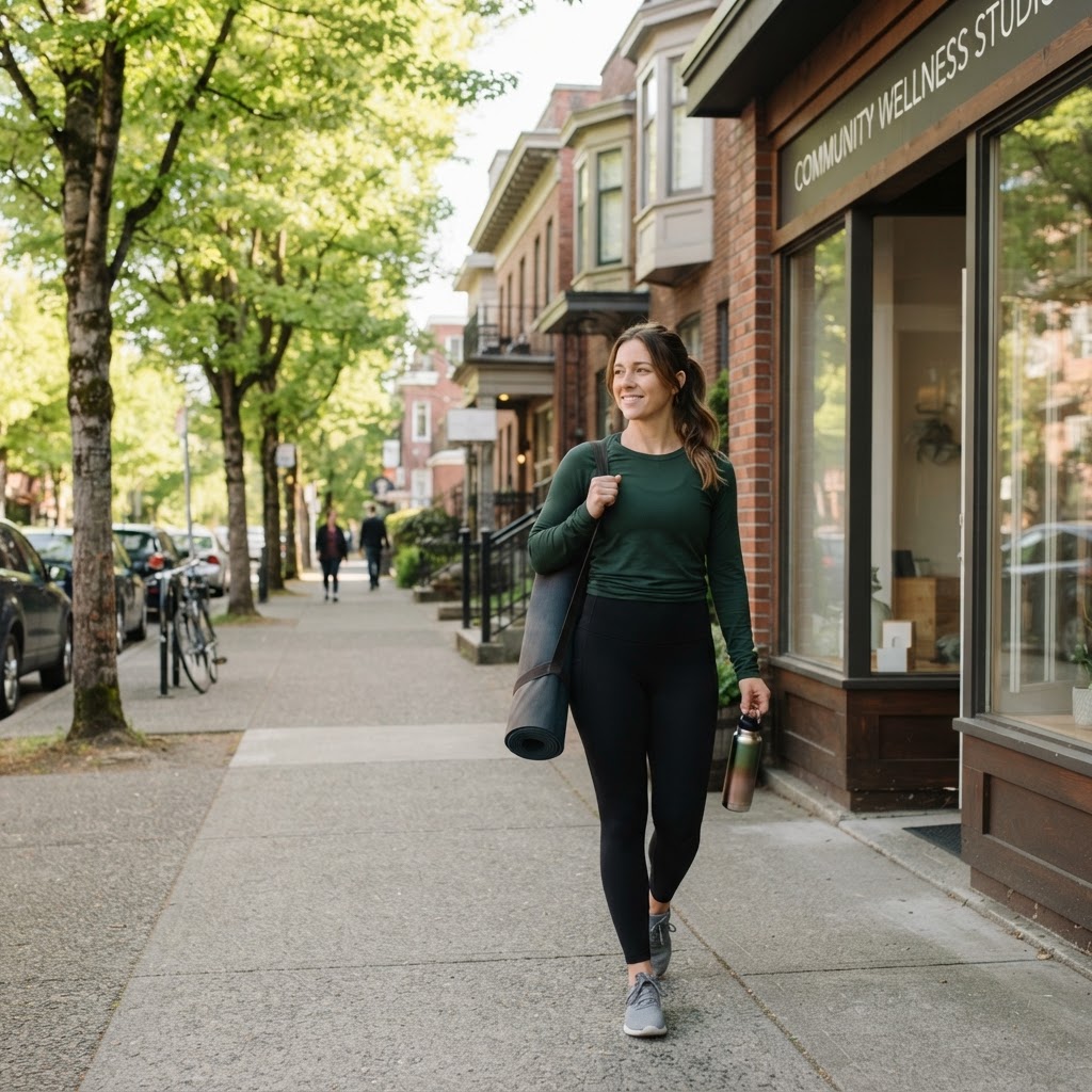 Person leaving a yoga studio feeling refreshed
