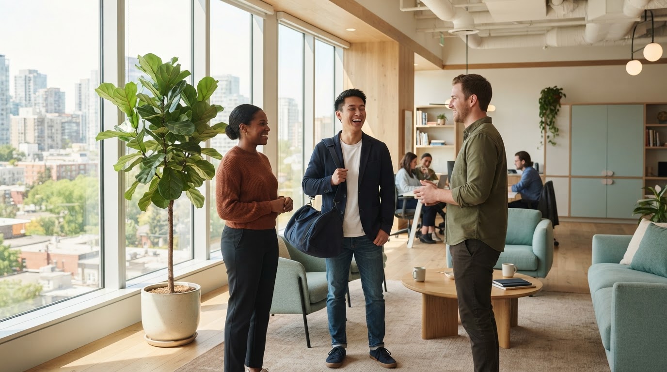 Colleagues talking in a modern office space