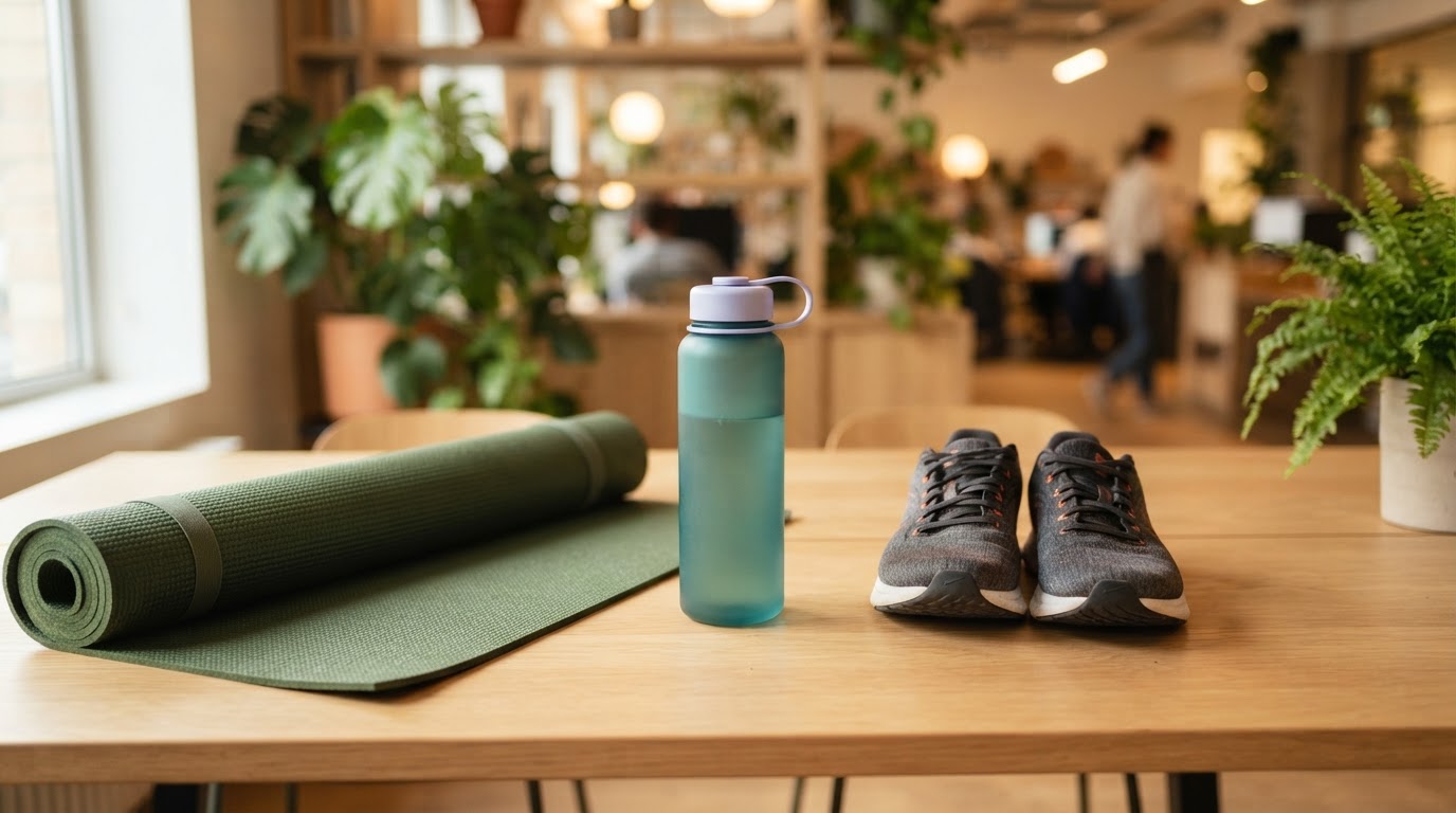 Wellness equipment on a clean office desk