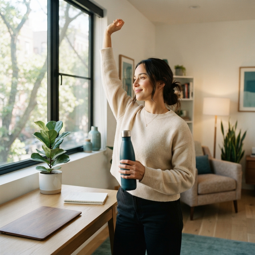 A person taking a mindful wellness break in a sunlit home office