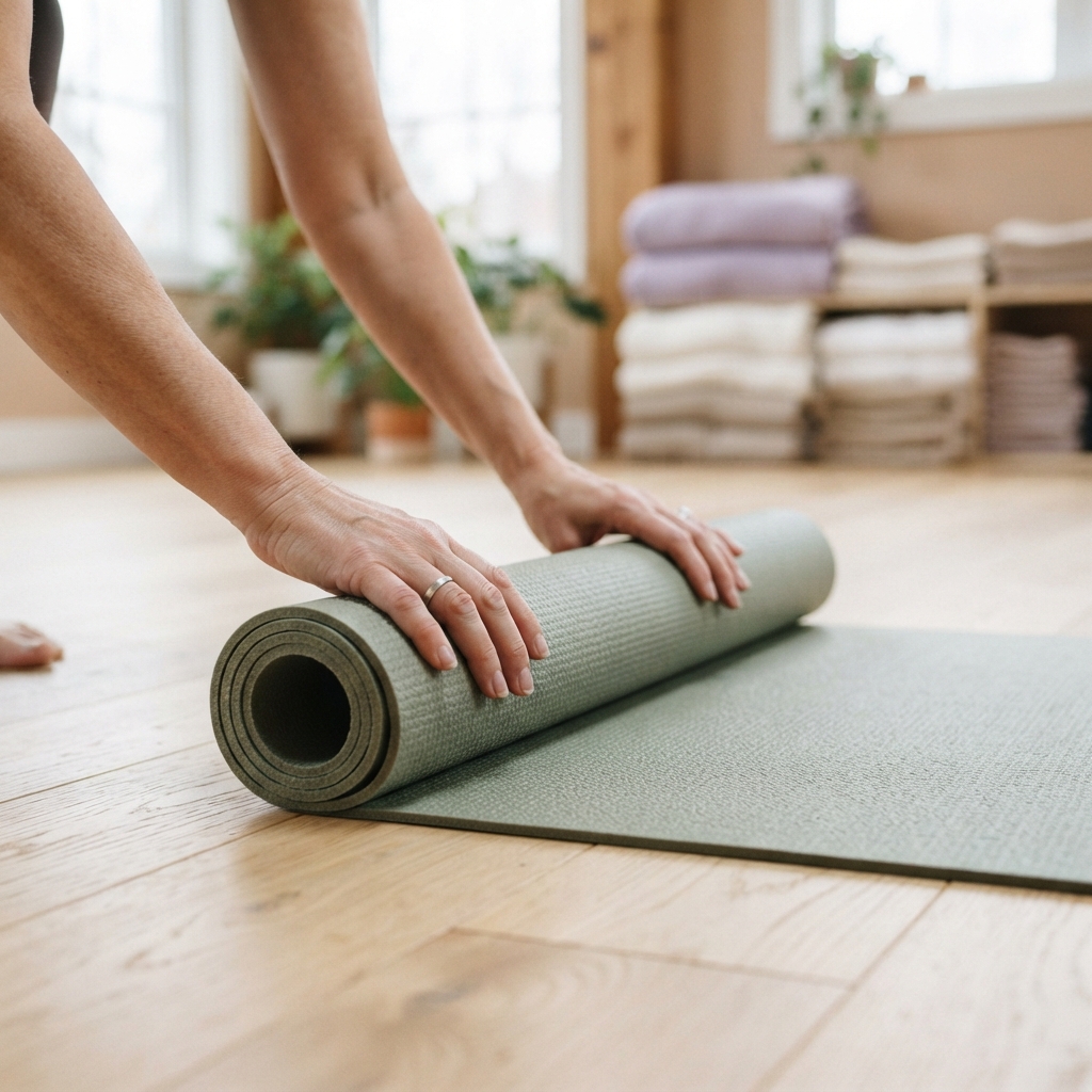 Hands placing a yoga mat on a wooden floor in a wellness studio