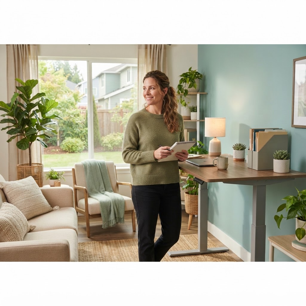 Person working at a standing desk in a home office