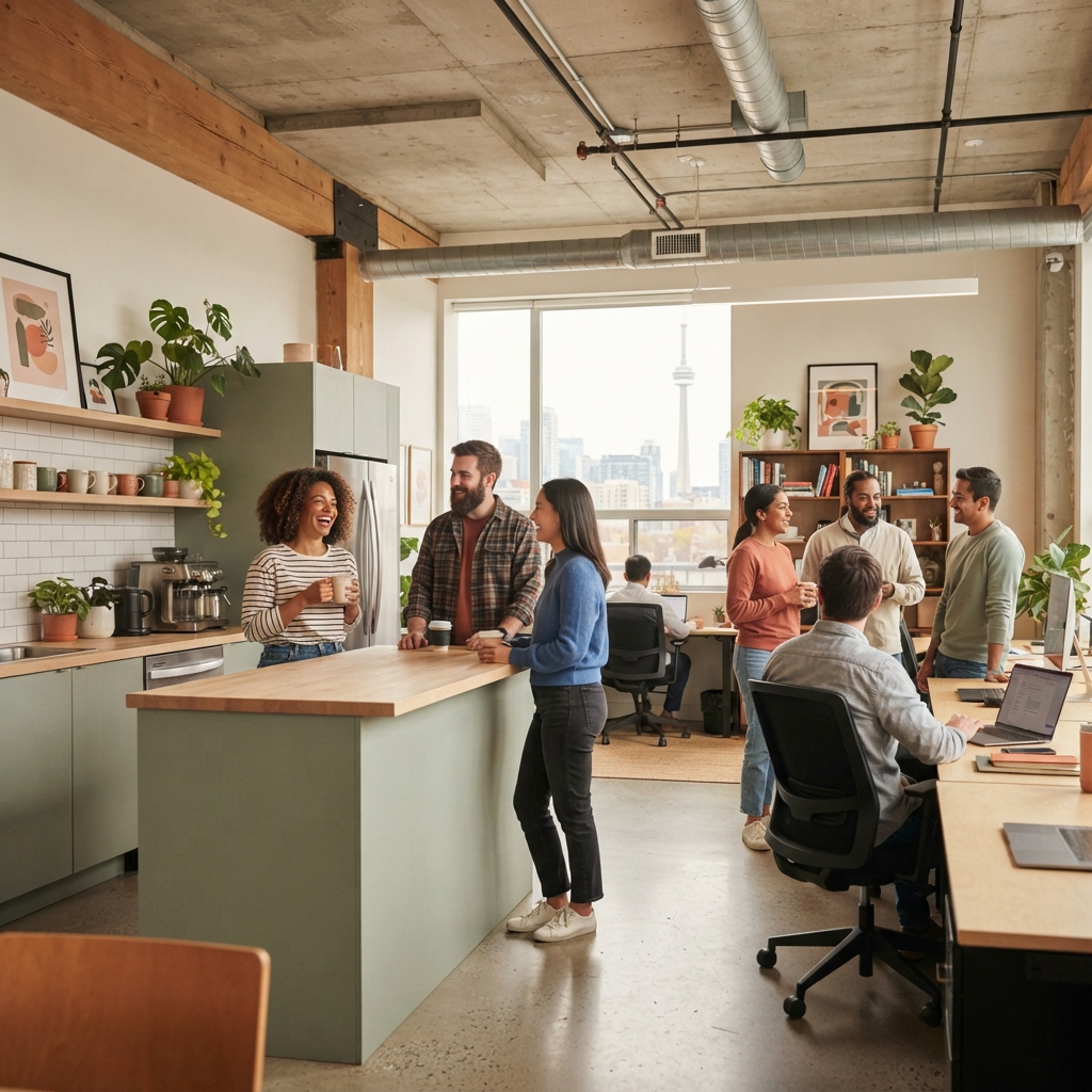 Diverse team of employees interacting in a comfortable startup office