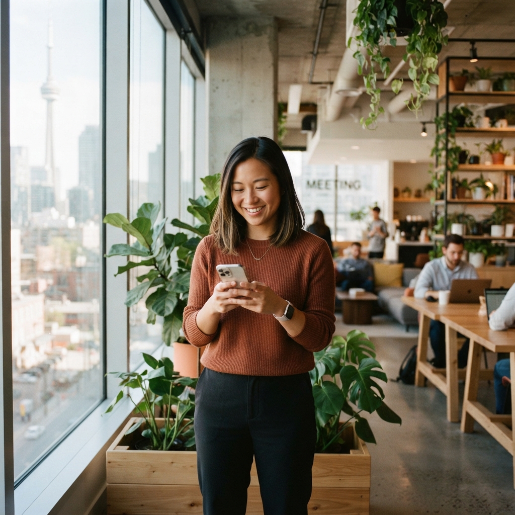 Professional smiling while using a mobile app in a modern office