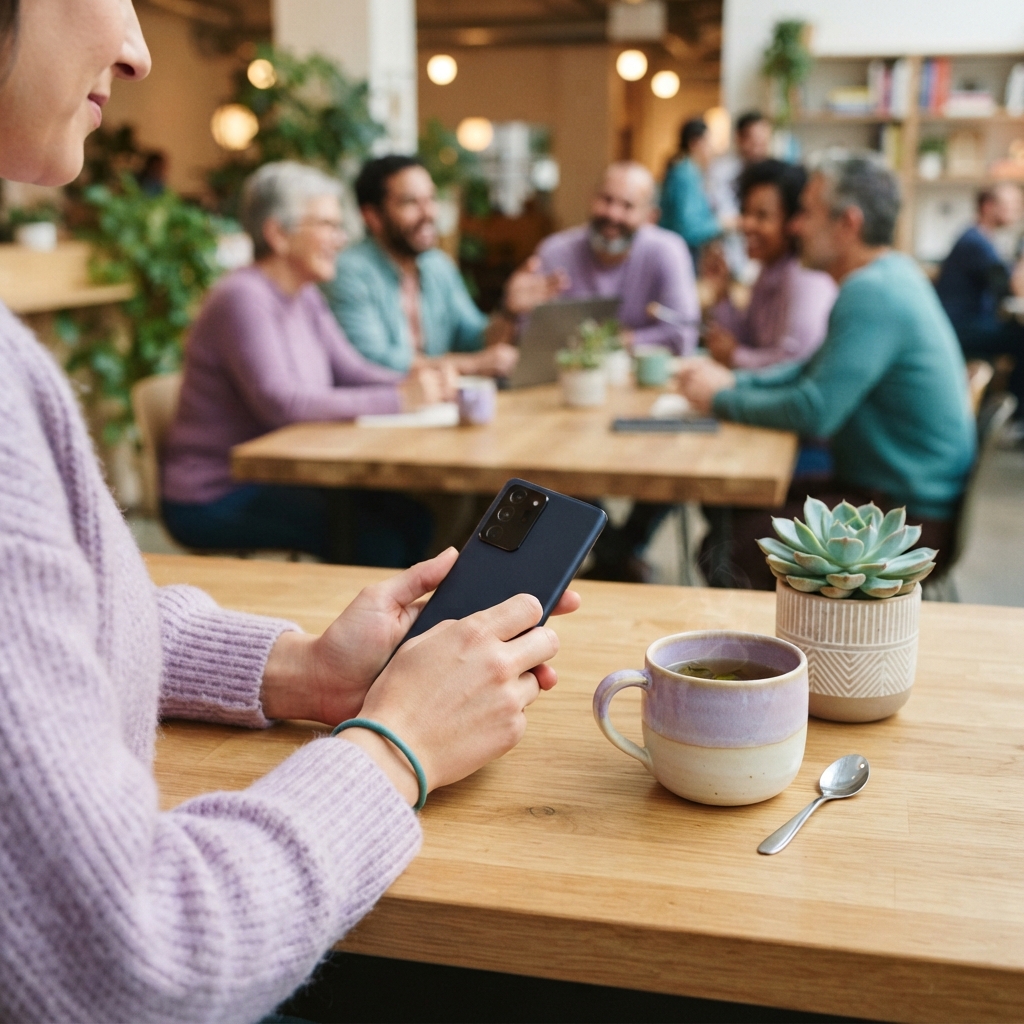 Smartphone resting on a wooden desk in a bright office environment