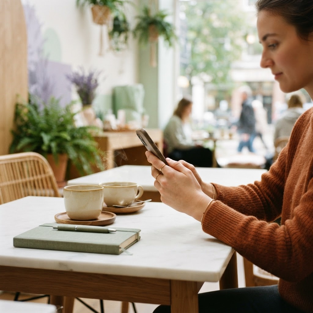 Relaxed professional using a mobile device in a cafe