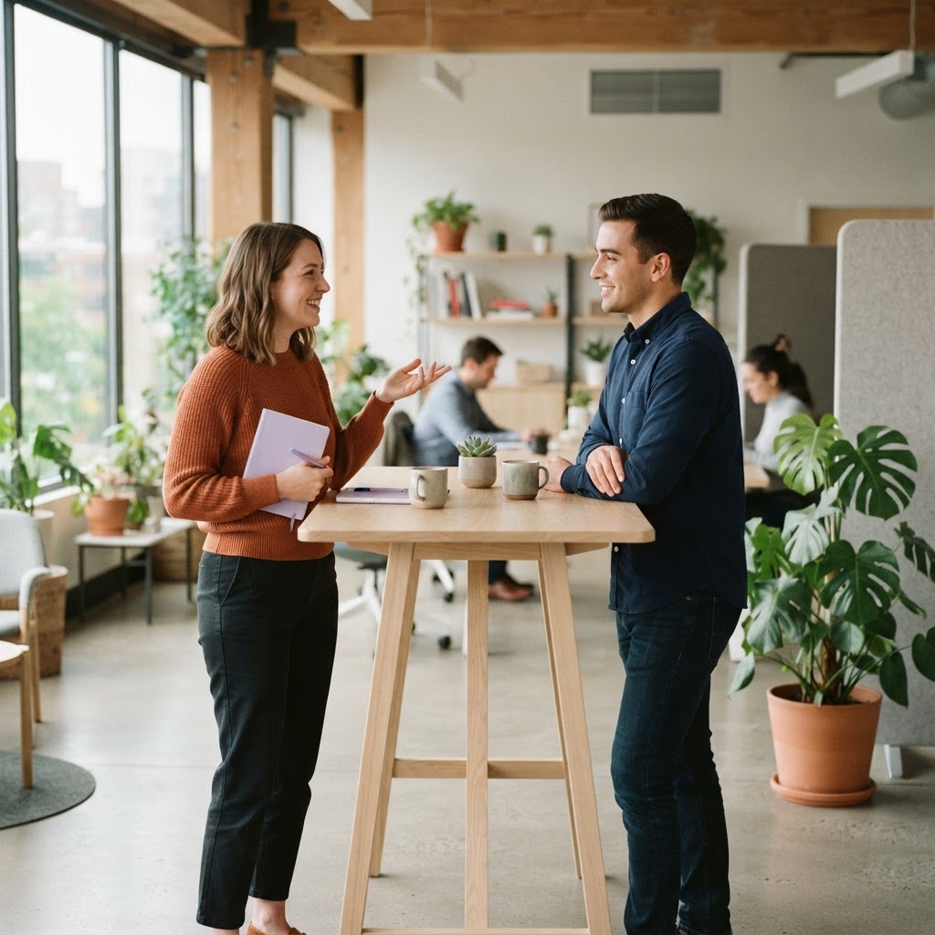 Colleagues having a supportive conversation in an open office