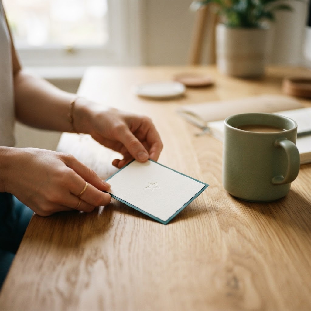 Hands placing a recognition card on a wooden desk