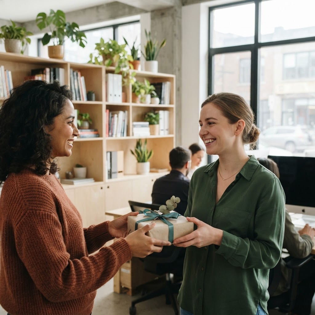 Manager handing a gift to an employee in a modern office