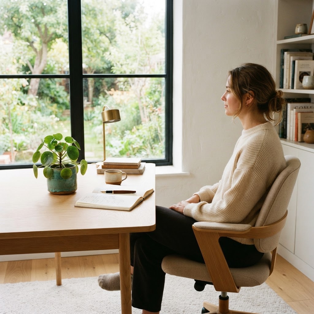 Person working in a quiet sunlit home office space
