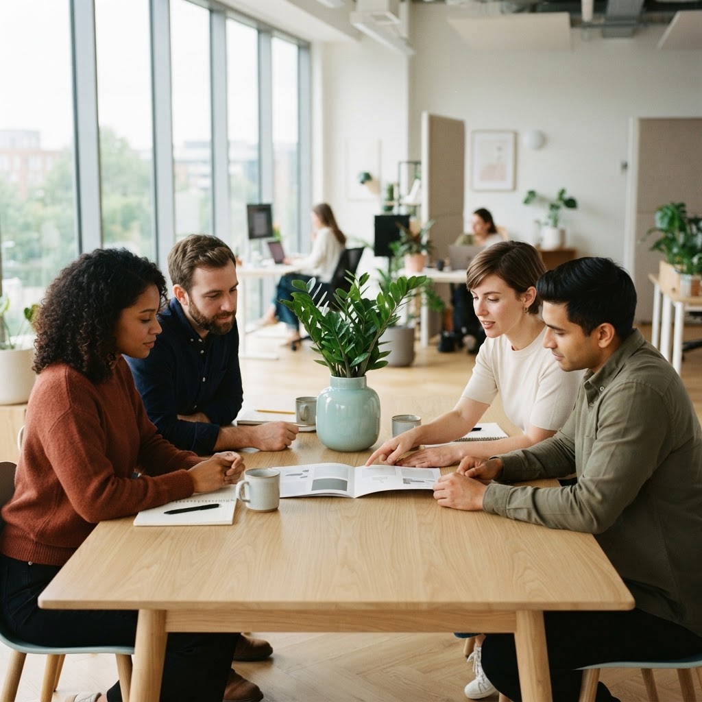 A small team reviewing benefits information in a modern office