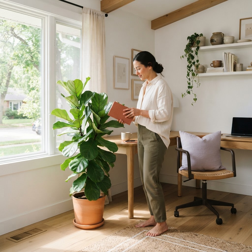 A sunlit and calm modern office workspace