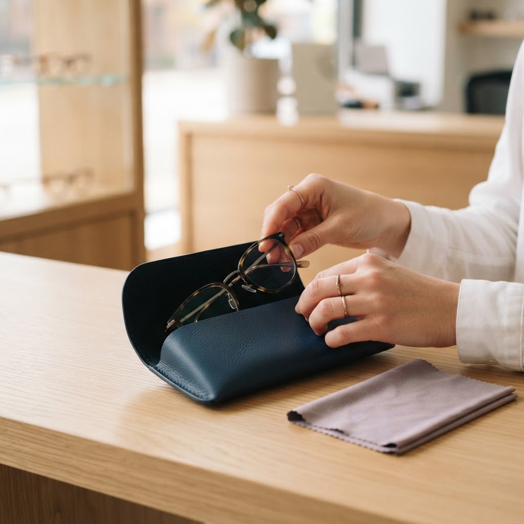 Hands placing glasses into a case on a desk